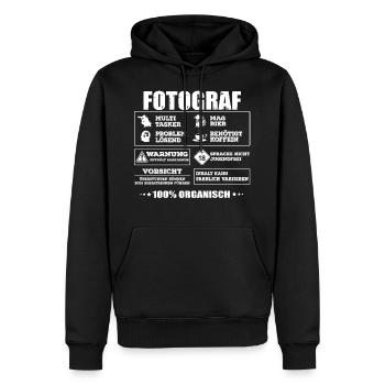 Profession de photographe, appareil photo, chemise de photographe, Photoshirt - Sweat à capuche Premium bio Homme - noir - Devant - Nico (187cm)