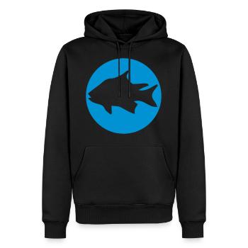 circle round stamp team sport logo caught fish - Men’s Premium Organic Hoodie - black - Front - Nico (187cm)