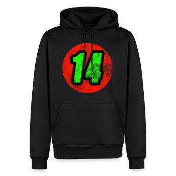 Trendy number logo number 14 T-shirt - Men’s Premium Organic Hoodie - black - Front - Nico (187cm)