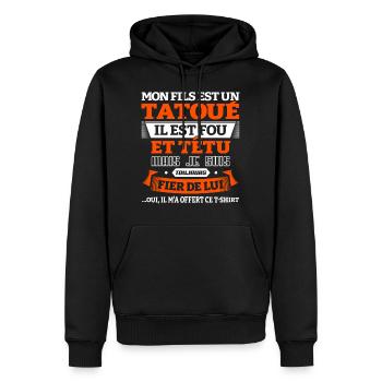 CADEAU PAPA - MON FILS EST UN TATOUÉ - Sweat à capuche Premium bio Homme - noir - Devant - Nico (187cm)