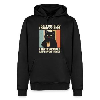 Drink Coffee I Hate People I Know Things Chat Cat - Sweat à capuche Premium bio Homme - noir - Devant - Nico (187cm)