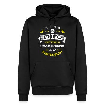 THEO PARFAIT - NOM THEO - Sweat à capuche Premium bio Homme - noir - Devant - Nico (187cm)