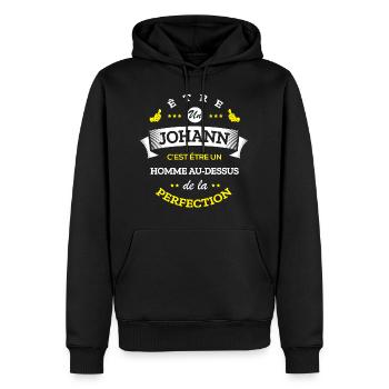 JOHANN PARFAIT - NOM JOHANN - Sweat à capuche Premium bio Homme - noir - Devant - Nico (187cm)