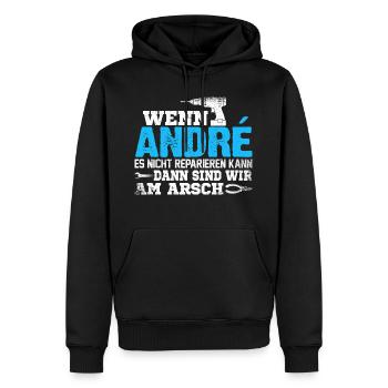 ANDRÉ - kann es reparieren - Männer Premium Bio Hoodie - Schwarz - Vorne - Nico (187cm)
