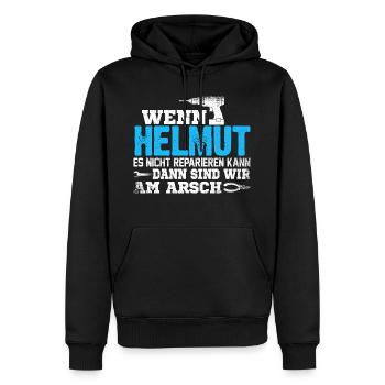 HELMUT - kann es reparieren - Männer Premium Bio Hoodie - Schwarz - Vorne - Nico (187cm)