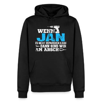 JAN - kann es reparieren - Männer Premium Bio Hoodie - Schwarz - Vorne - Nico (187cm)