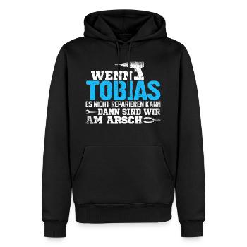 TOBIAS - kann es reparieren - Männer Premium Bio Hoodie - Schwarz - Vorne - Nico (187cm)