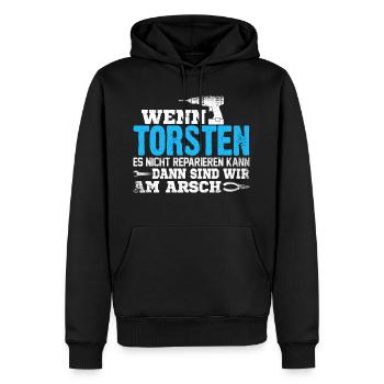 TORSTEN - kann es reparieren - Männer Premium Bio Hoodie - Schwarz - Vorne - Nico (187cm)