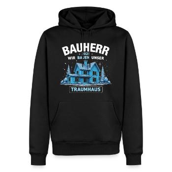 BAUHERR 2025 WIR BAUEN UNSER TRAUMHAUS - Männer Premium Bio Hoodie - Schwarz - Vorne - Nico (187cm)