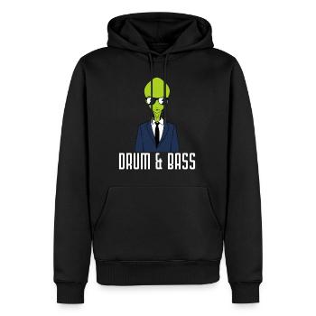 Drumming Shirt For Drummers "Drum & Bass Alien" - Männer Premium Bio Hoodie - Schwarz - Vorne - Nico (187cm)