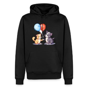Dessin animé kawaii de chat et de chien jouant avec des ballons - Sweat à capuche Premium bio Homme - noir - Devant - Nico (187cm)
