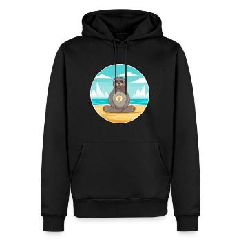 Seehund, Karikatur, Yoga, Strand, Sommer, Illustration - Männer Premium Bio Hoodie - Schwarz - Vorne - Nico (187cm)