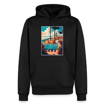 St Tropez paysage marin France Vintage voyage affiche - Sweat à capuche Premium bio Homme - noir - Devant - Nico (187cm)