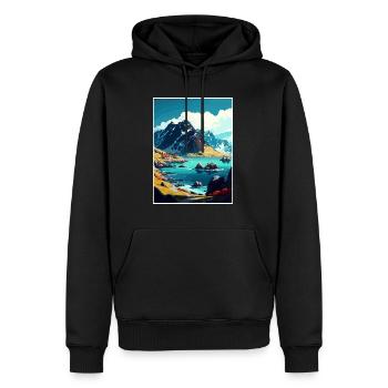 Lofoten Norwegisches Vintage-Reiseposter - Männer Premium Bio Hoodie - Schwarz - Vorne - Nico (187cm)