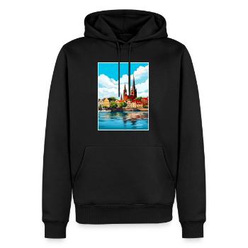 Rostock Allemagne Vintage voyage affiche WPA Souvenir - Sweat à capuche Premium bio Homme - noir - Devant - Nico (187cm)