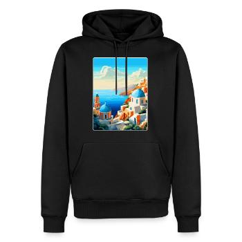 Santorin Grèce Affiche de voyage vintage souvenir - Sweat à capuche Premium bio Homme - noir - Devant - Nico (187cm)