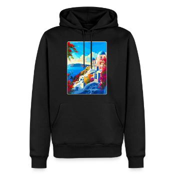 Santorin Grèce Affiche de voyage vintage souvenir - Sweat à capuche Premium bio Homme - noir - Devant - Nico (187cm)