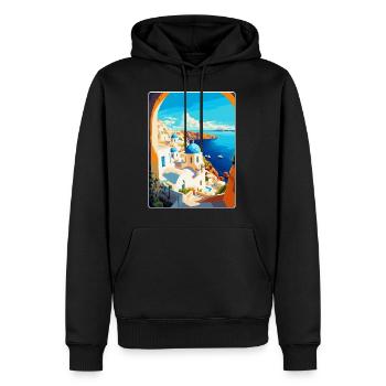 Santorin Grèce Affiche de voyage vintage souvenir - Sweat à capuche Premium bio Homme - noir - Devant - Nico (187cm)