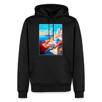 Santorin Grèce Affiche de voyage vintage souvenir - Sweat à capuche Premium bio Homme - noir - Devant - Nico (187cm)