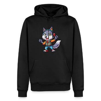 Wolf Lustige Zeichentrickfigur Kopfhörer Musik - Männer Premium Bio Hoodie - Schwarz - Vorne - Nico (187cm)