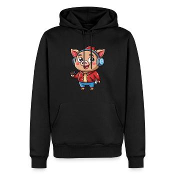 Cochon Drôle Dessin Animé Personnage Casque Musique - Sweat à capuche Premium bio Homme - noir - Devant - Nico (187cm)