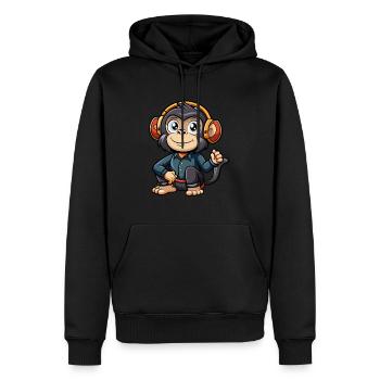 Schimpanse Lustige Cartoon Figur Kopfhörer Musik - Männer Premium Bio Hoodie - Schwarz - Vorne - Nico (187cm)
