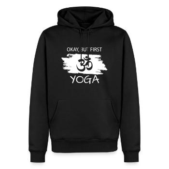 Okay but first Yoga - Männer Premium Bio Hoodie - Schwarz - Vorne - Nico (187cm)