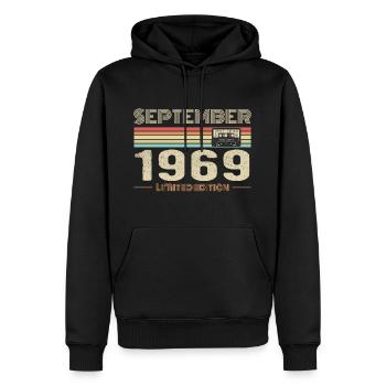 Septembre 1969 Vintage Anniversaire septembre 1969 - Sweat à capuche Premium bio Homme - noir - Devant - Nico (187cm)
