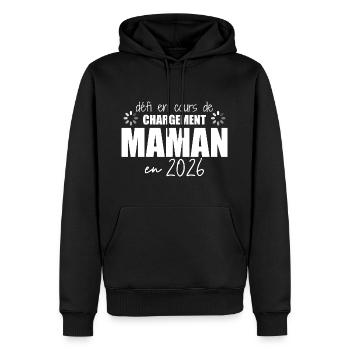 2026 Maman Grossesse Cadeau Humour Mère - Sweat à capuche Premium bio Homme - noir - Devant - Nico (187cm)