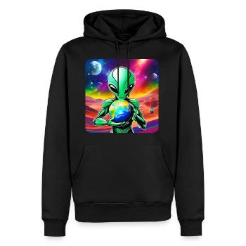 Cool alien avec une planète dans ses mains - Sweat à capuche Premium bio Homme - noir - Devant - Nico (187cm)