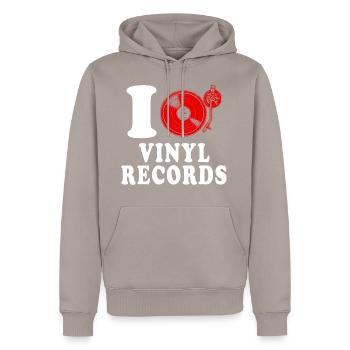 J’aime les disques vinyles coeur drôle spirituel - Sweat à capuche Premium bio Homme - taupe - Devant - Nico (187cm)