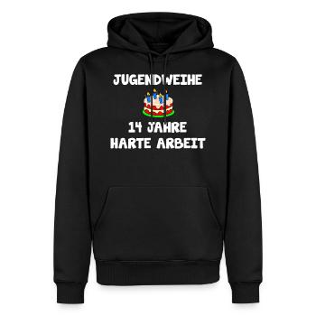 Jugendweihe 14 Jahre lustiger Spruch - Männer Premium Bio Hoodie - Schwarz - Vorne - Nico (187cm)