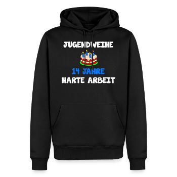 Jugendweihe 14 Jahre Harte Arbeit Kuchen Spruch - Männer Premium Bio Hoodie - Schwarz - Vorne - Nico (187cm)