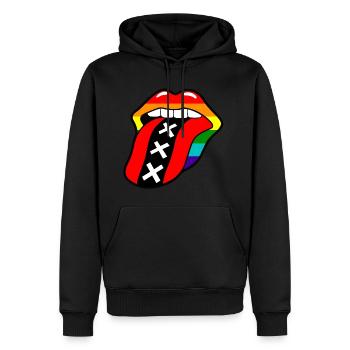 Gay pride rainbow mouth with tongue and Amsterdam logo - Men’s Premium Organic Hoodie - black - Front - Nico (187cm)