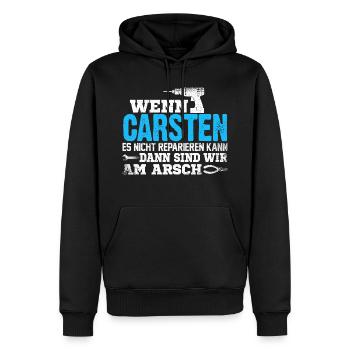 CARSTEN - kann es reparieren - Männer Premium Bio Hoodie - Schwarz - Vorne - Nico (187cm)