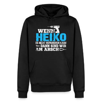HEIKO - kann es reparieren - Männer Premium Bio Hoodie - Schwarz - Vorne - Nico (187cm)
