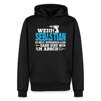 SEBASTIAN - kann es reparieren - Männer Premium Bio Hoodie - Schwarz - Vorne - Nico (187cm)