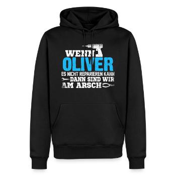 OLIVER - kann es reparieren - Männer Premium Bio Hoodie - Schwarz - Vorne - Nico (187cm)