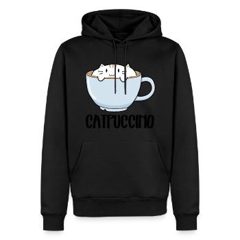 Lustige niedliche Katze auf einem Becher mit Kaffee - Catpuccino - Männer Premium Bio Hoodie - Schwarz - Vorne - Nico (187cm)