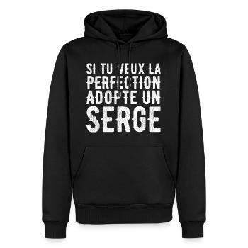 Serge Si tu veux la perfection adopte un serge - Sweat à capuche Premium bio Homme - noir - Devant - Nico (187cm)