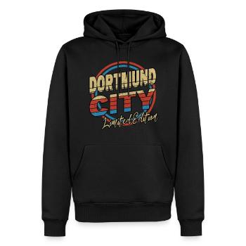 Dortmund Deutschland Stadt Schrift 80er Stil - Männer Premium Bio Hoodie - Schwarz - Vorne - Nico (187cm)