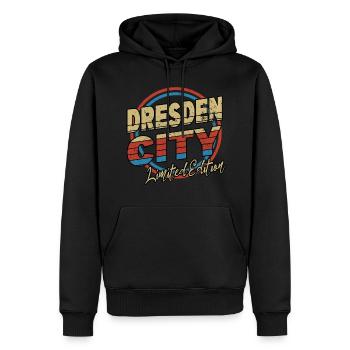Dresden Germany City Font 80s style - Men’s Premium Organic Hoodie - black - Front - Nico (187cm)