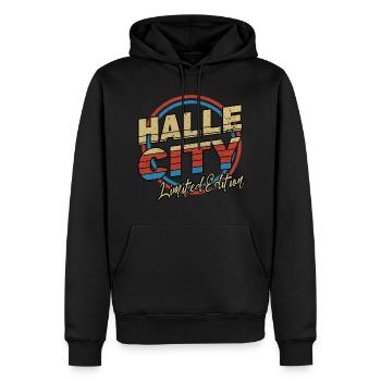 Halle Saale Allemagne City Font 80s Style - Sweat à capuche Premium bio Homme - noir - Devant - Nico (187cm)