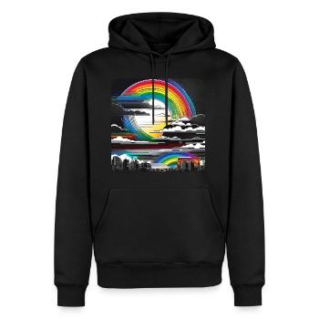 Stadt Skyline mit Regenbogen und Wolken - Männer Premium Bio Hoodie - Schwarz - Vorne - Nico (187cm)