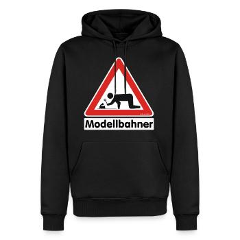 Warnschild "Modellbahner Dampflok" - Männer Premium Bio Hoodie - Schwarz - Vorne - Nico (187cm)