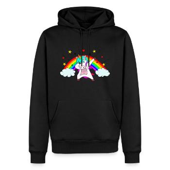 Cooles dabbendes Einhorn vor schönem Regenbogen - Männer Premium Bio Hoodie - Schwarz - Vorne - Nico (187cm)