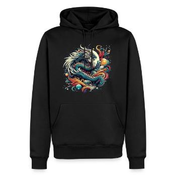 Dragon mystique dans des tourbillons abstraits colorés - Sweat à capuche Premium bio Homme - noir - Devant - Nico (187cm)