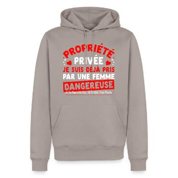 Humour homme couple Propriété privée femme jalouse - Sweat à capuche Premium bio Homme - taupe - Devant - Nico (187cm)