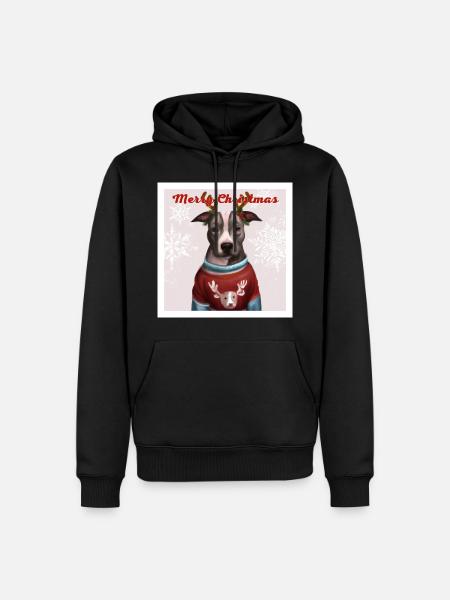Pitbull-Porträt in einem weihnachtlichen Rentierpullover. - Männer Premium Bio Hoodie - Schwarz