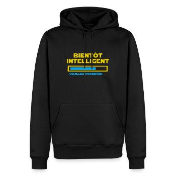 Bald schlau, bitte warten... - Männer Premium Bio Hoodie - Schwarz - Vorne - Nico (187cm)